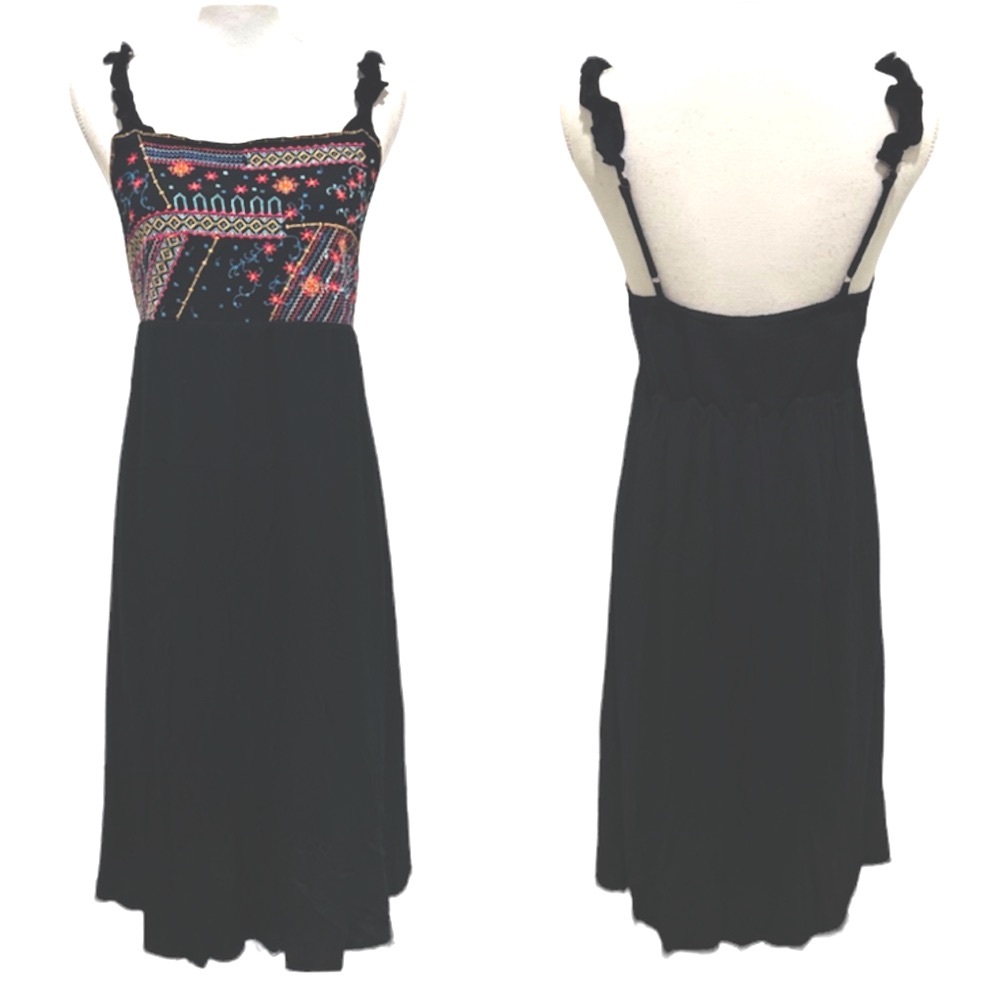 SAVANNA JANE Bohemian Floral Embroidered Black Square Neck Midi Dress Sz…